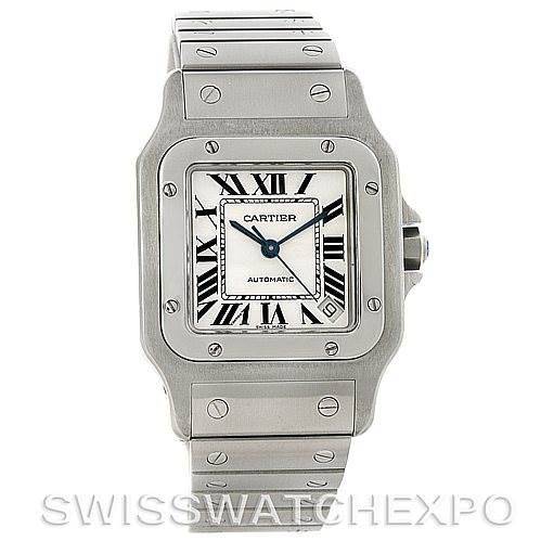 This image shows the front view of a Cartier Santos W20098D6 Men's Stainless Steel Silver Dial W20098D6 Men's Stainless Steel Silver Dial watch including the face, bezel, and part of the bracelet.