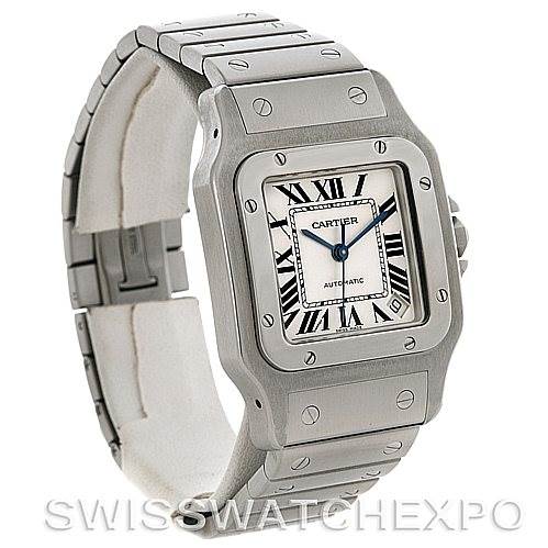 The Cartier Santos W20098D6 Men's Stainless Steel Silver Dial W20098D6 Men's Stainless Steel Silver Dial watch is shown at a three-quarter angle, showcasing the face, bezel, and metal bracelet.