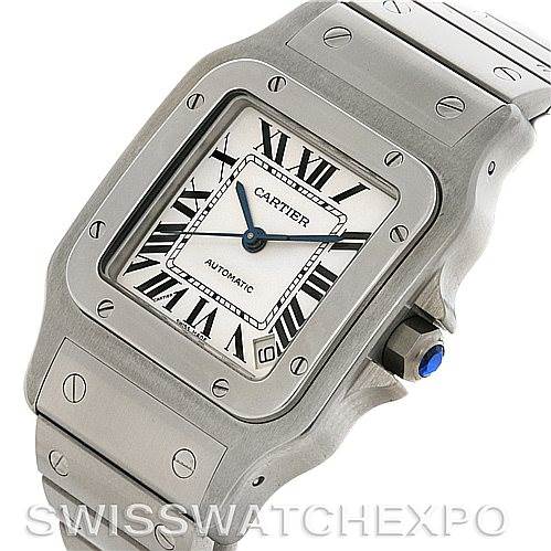 The image shows a close-up of the Cartier Santos W20098D6 Men's Stainless Steel Silver Dial W20098D6 Men's Stainless Steel Silver Dial watch from a front angle, highlighting the face, bezel, and part of the bracelet.