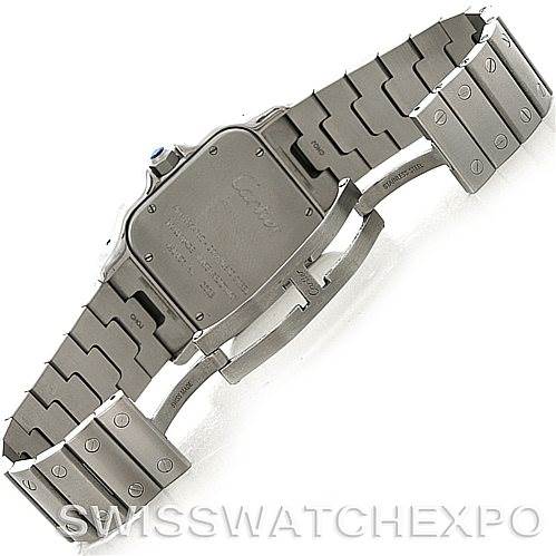This image shows the back case and bracelet of the Santos model watch by Cartier, viewed from the underside.