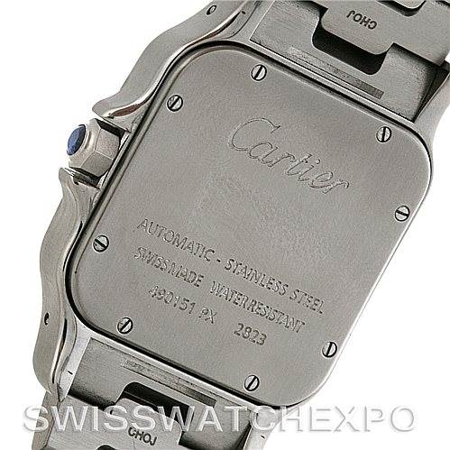 This image shows the back case of a Santos model by Cartier, highlighting the branding and specifications.