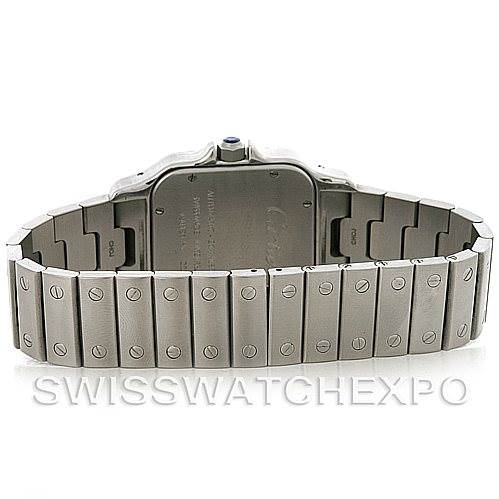 The image shows the back view of a Cartier Santos W20098D6 Men's Stainless Steel Silver Dial W20098D6 Men's Stainless Steel Silver Dial watch, highlighting its case back and metal bracelet.