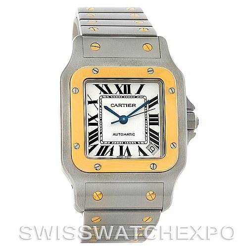 The image shows a front view of a Cartier Santos W20099C4 Men's Stainless Steel Silver Dial W20099C4 Men's Stainless Steel Silver Dial watch, highlighting its face, bezel, and bracelet.