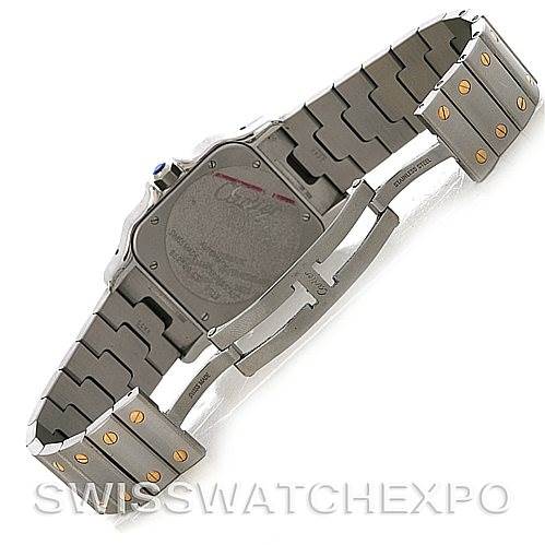 This image shows the back view of a Cartier Santos W20099C4 Men's Stainless Steel Silver Dial W20099C4 Men's Stainless Steel Silver Dial watch, highlighting the metal bracelet and clasp.