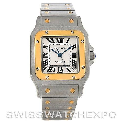 The image shows a Cartier Santos W20099C4 Men
s Stainless Steel Silver Dial W20099C4 Men
s Stainless Steel Silver Dial watch from a front angle, highlighting its dial, two-tone bezel, and bracelet.