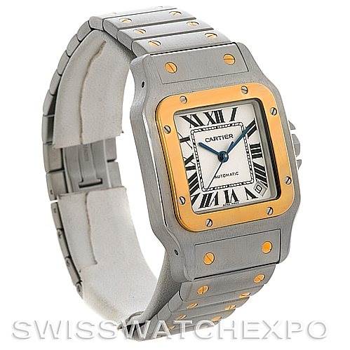 The image shows a Cartier Santos W20099C4 Men
s Stainless Steel Silver Dial W20099C4 Men
s Stainless Steel Silver Dial watch from a front-left angle, displaying the dial, bezel, case, and bracelet.