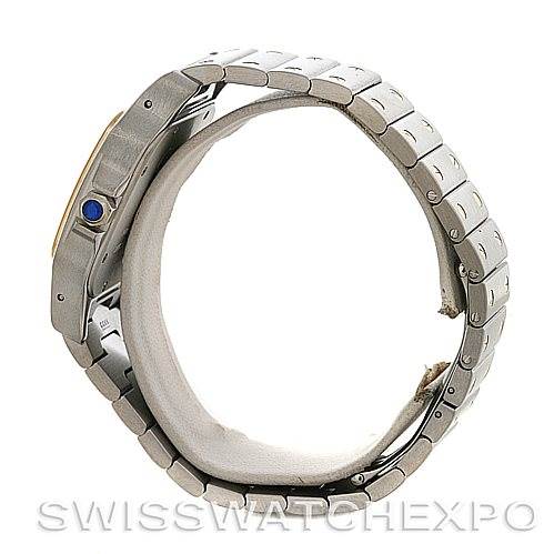 This image shows the side angle of the Santos model by Cartier, focusing on the bracelet and side of the case.