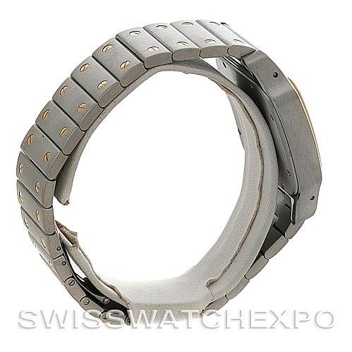 This image shows a side view of the Cartier Santos W20099C4 Men
s Stainless Steel Silver Dial W20099C4 Men
s Stainless Steel Silver Dial watch, focusing on its bracelet and clasp.