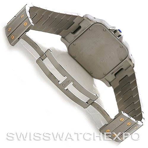 The image shows the backside of a Cartier Santos W20099C4 Men
s Stainless Steel Silver Dial W20099C4 Men
s Stainless Steel Silver Dial model watch, focusing on the clasp and bracelet from a rear angle.