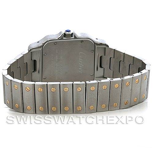 The image shows the back view of a Cartier Santos W20099C4 Men
s Stainless Steel Silver Dial W20099C4 Men
s Stainless Steel Silver Dial watch, focusing on the case back and metal bracelet.