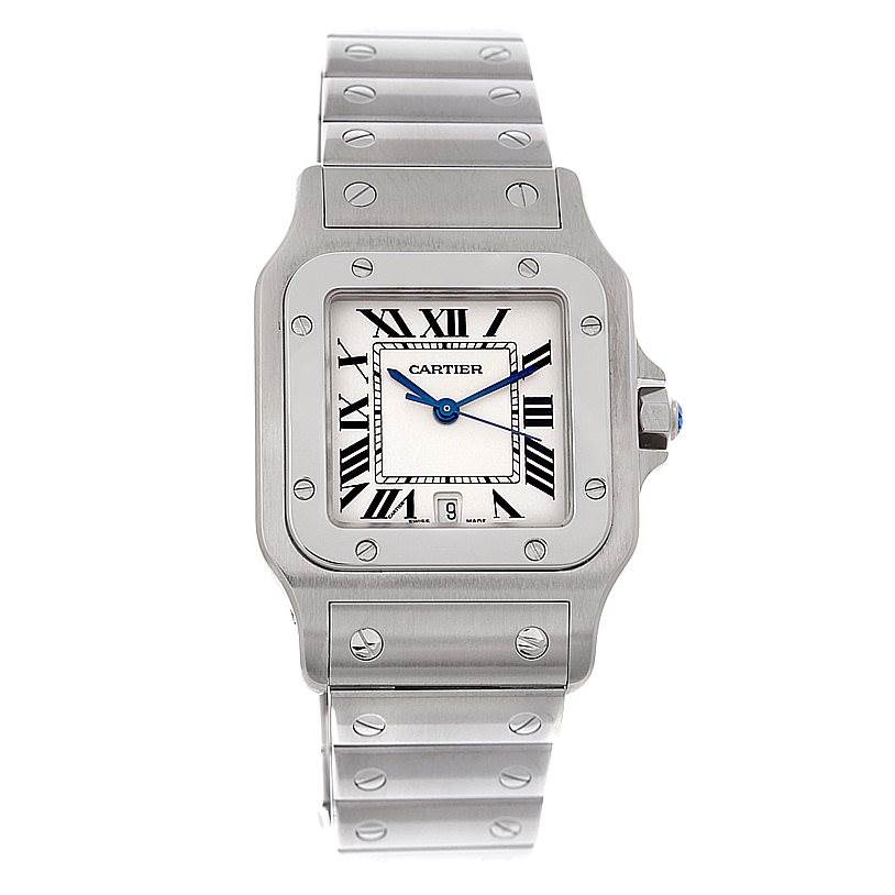 The image shows a front view of the Cartier Santos W20060D6 Men
s Stainless Steel Silver Dial W20060D6 Men
s Stainless Steel Silver Dial model watch, highlighting its face, bezel, and stainless steel bracelet.