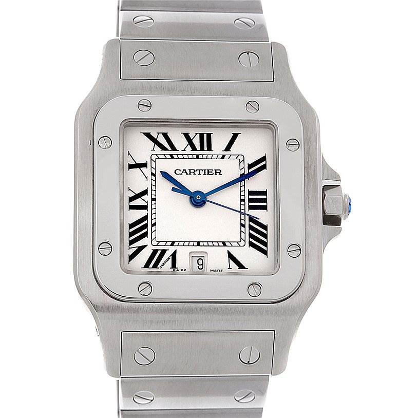This image shows a front view of a Cartier Santos W20060D6 Men
s Stainless Steel Silver Dial W20060D6 Men
s Stainless Steel Silver Dial watch, displaying its face, bezel, and part of its bracelet.
