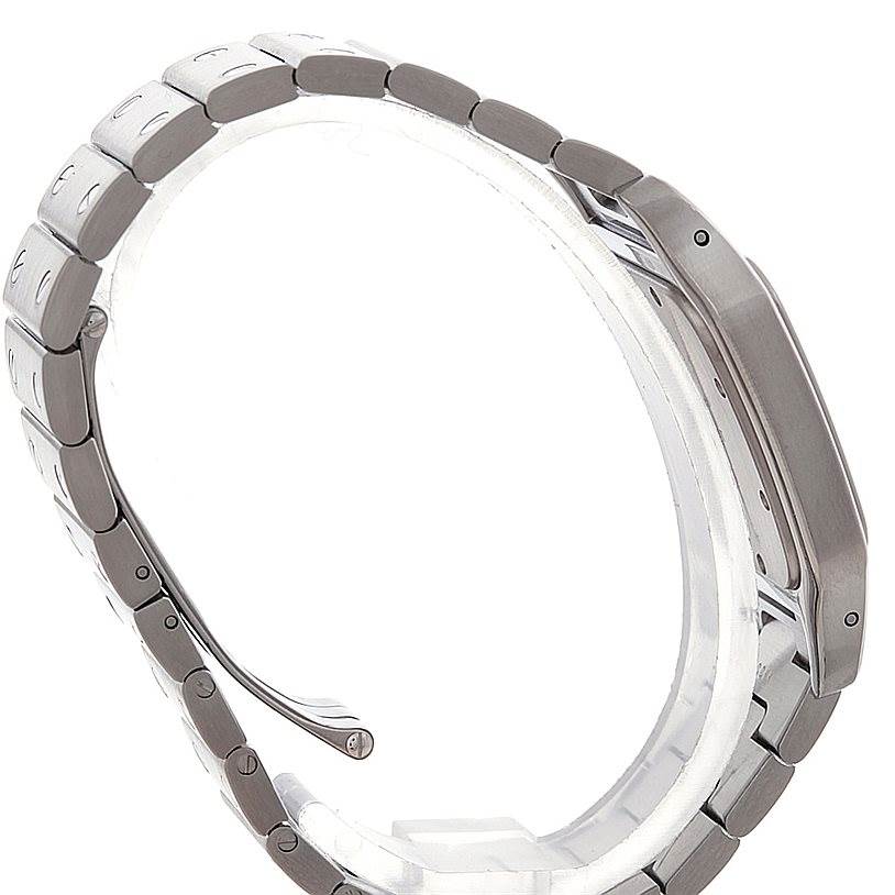 The image shows the side view of a Cartier Santos W20060D6 Men
s Stainless Steel Silver Dial W20060D6 Men
s Stainless Steel Silver Dial watch, highlighting its metal bracelet and part of the case.