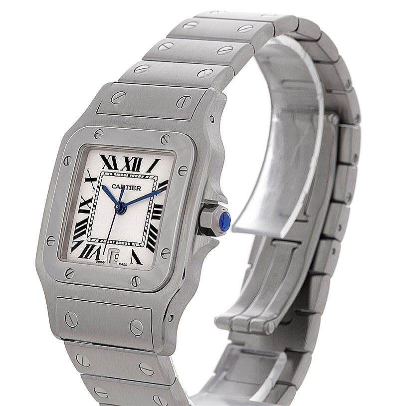 This image shows a Cartier Santos W20060D6 Men
s Stainless Steel Silver Dial W20060D6 Men
s Stainless Steel Silver Dial watch, displaying the face, bezel, bracelet, and crown at a three-quarter angle.