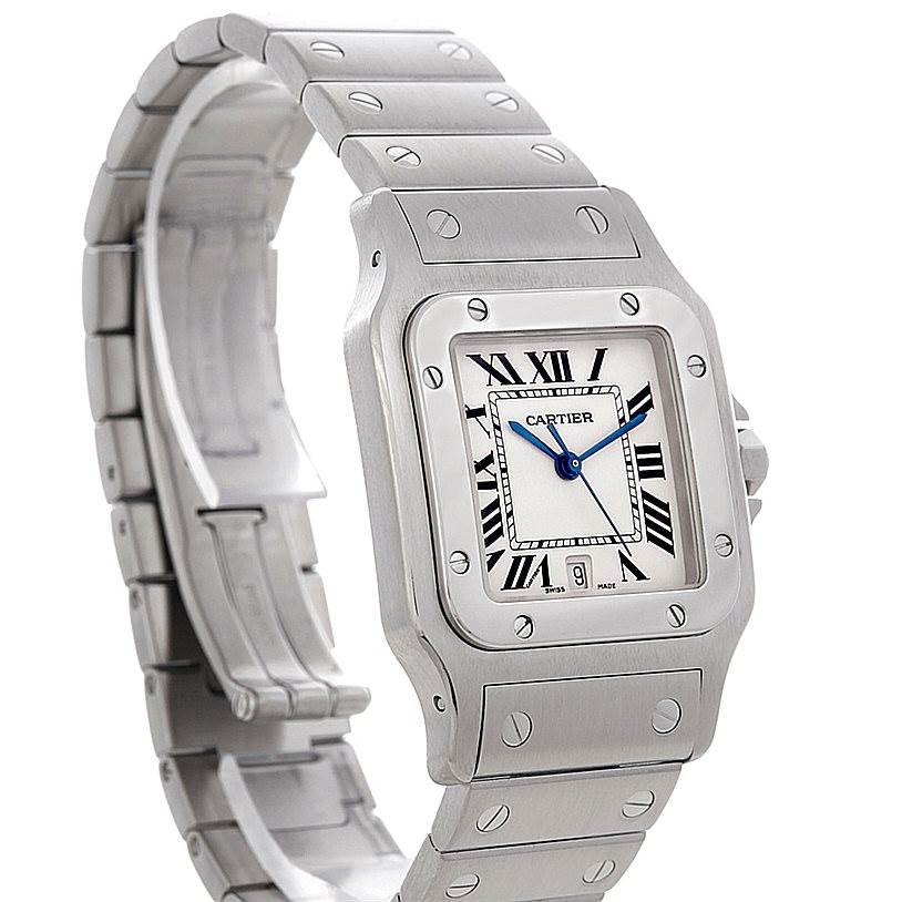 The image shows a Cartier Santos W20060D6 Men
s Stainless Steel Silver Dial W20060D6 Men
s Stainless Steel Silver Dial watch, highlighting the face, bezel, and stainless steel bracelet at an angled view.