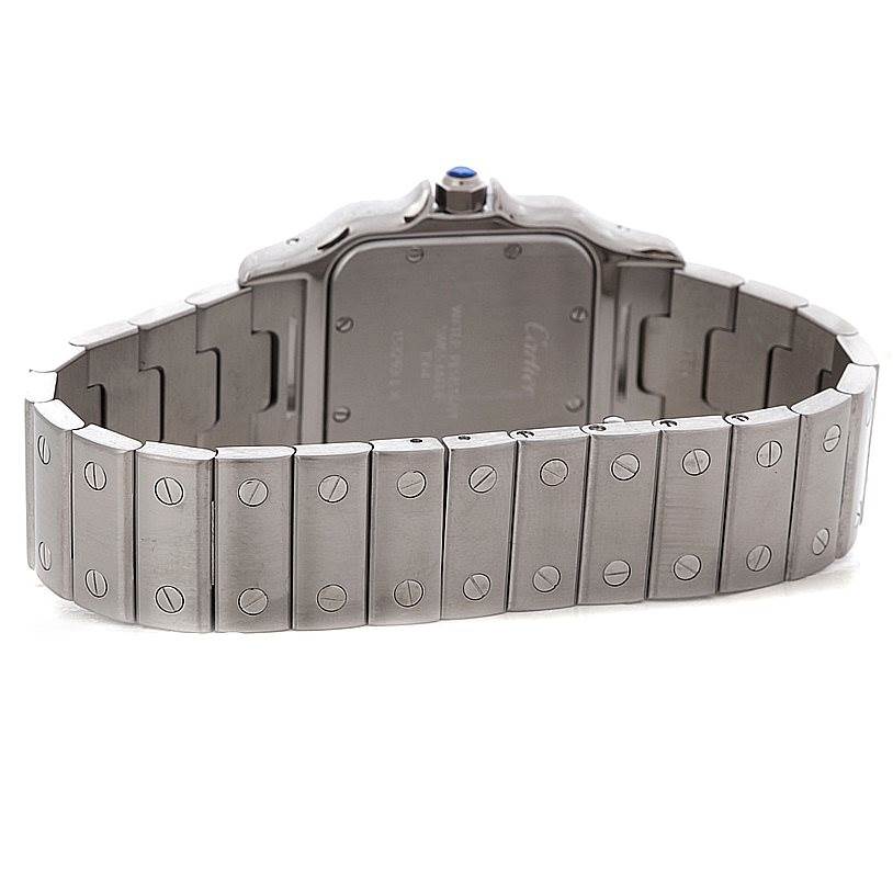 The image shows the back view of a Cartier Santos W20060D6 Men
s Stainless Steel Silver Dial W20060D6 Men
s Stainless Steel Silver Dial watch, focusing on its stainless steel bracelet and caseback.