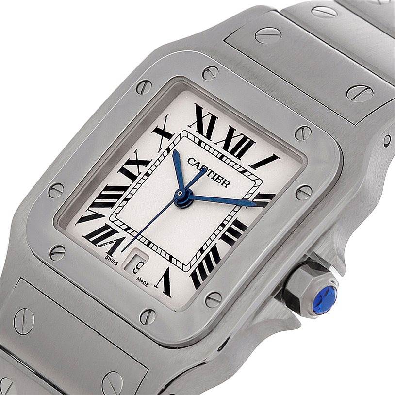 This image shows a close-up angle of the Cartier Santos W20060D6 Men
s Stainless Steel Silver Dial W20060D6 Men
s Stainless Steel Silver Dial watch, highlighting its face, bezel, and part of the bracelet.
