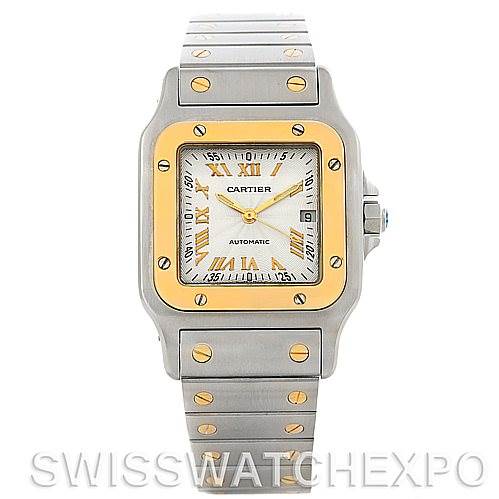 This image shows a front view of a Santos model watch by Cartier, displaying the face, bezel, and bracelet.