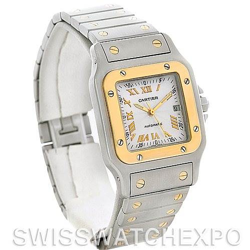 This image shows a front-left angled view of a Cartier Santos W20058C4 Men
s Stainless Steel Silver Dial W20058C4 Men
s Stainless Steel Silver Dial watch, highlighting its square face, bezel, and stainless steel and gold bracelet.