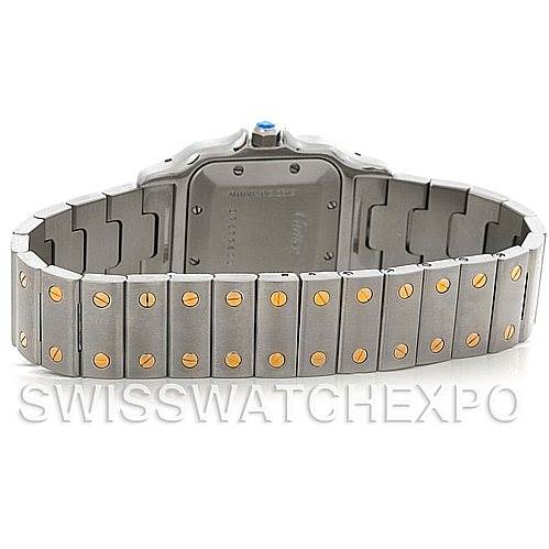 The image shows the backside of the Santos model watch by Cartier, highlighting the metal bracelet and clasp.