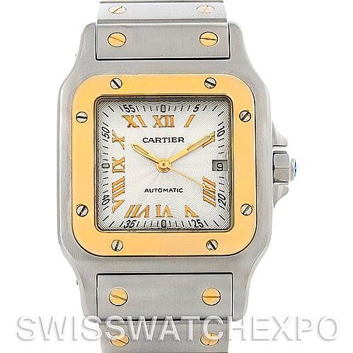 This image shows a front view of the Cartier Santos W20058C4 Men
s Stainless Steel Silver Dial W20058C4 Men
s Stainless Steel Silver Dial watch, highlighting its square face, bezel, and part of the bracelet.