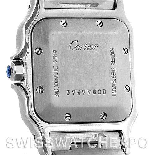 This image shows the back and partial side view of a Cartier Santos W20058C4 Men
s Stainless Steel Silver Dial W20058C4 Men
s Stainless Steel Silver Dial watch, highlighting the case back and screws.