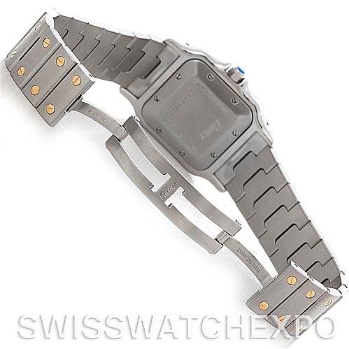 This image shows the Santos model watch by Cartier from the back, focusing on the bracelet and clasp mechanism.
