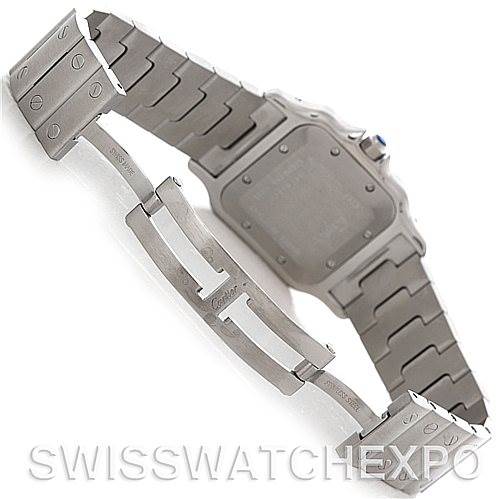 This image shows the back case and bracelet clasp of a Santos model Cartier watch, viewed from a rear angle.