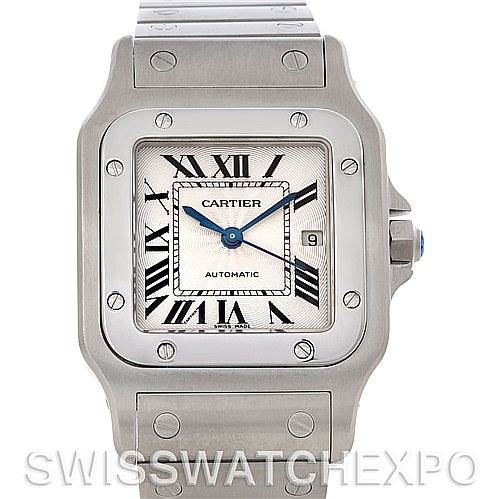 This image shows a frontal view of the Cartier Santos W20055D6 Men
s Stainless Steel Silver Dial W20055D6 Men
s Stainless Steel Silver Dial watch, highlighting its face, bezel, crown, and part of the bracelet.