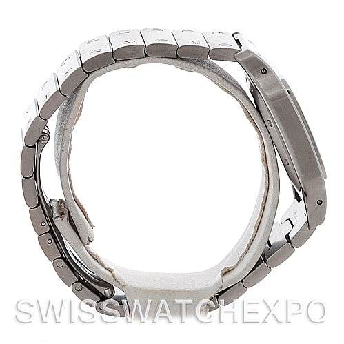 This image shows a side profile of the Cartier Santos W20055D6 Men
s Stainless Steel Silver Dial W20055D6 Men
s Stainless Steel Silver Dial watch, highlighting its metal bracelet and case.