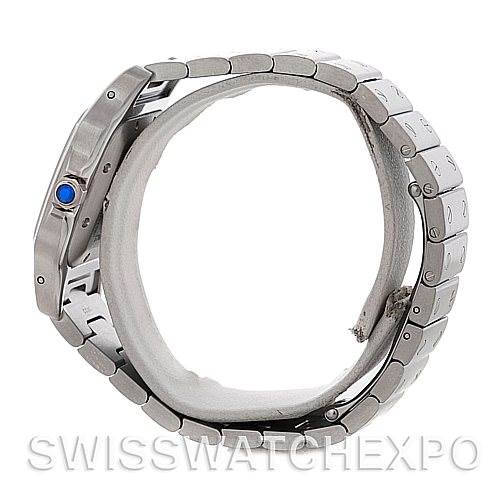 This image shows a side view of the Cartier Santos W20055D6 Men
s Stainless Steel Silver Dial W20055D6 Men
s Stainless Steel Silver Dial watch, highlighting its bracelet and crown with a blue cabochon.