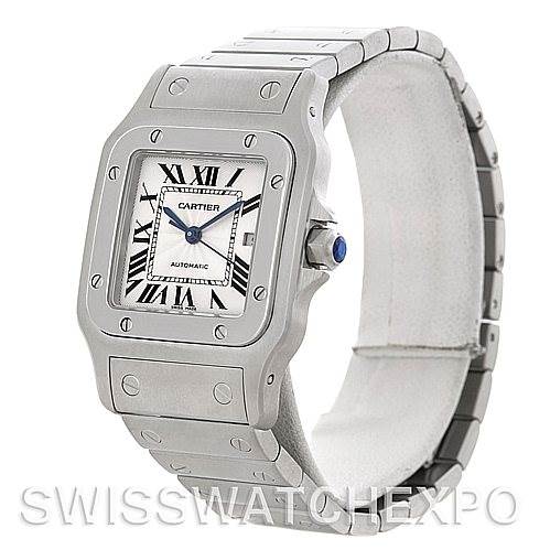 This image shows a Cartier Santos W20055D6 Men
s Stainless Steel Silver Dial W20055D6 Men
s Stainless Steel Silver Dial watch at an angle highlighting its face, bezel, crown, and bracelet.