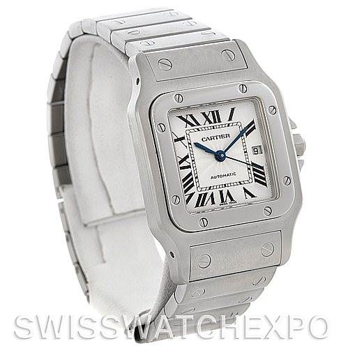 This image shows a Cartier Santos W20055D6 Men
s Stainless Steel Silver Dial W20055D6 Men
s Stainless Steel Silver Dial model watch at a three-quarter angle, highlighting the face, bezel, and part of the bracelet.