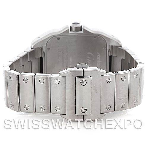 The image shows the back and bracelet of a Santos model watch by Cartier.