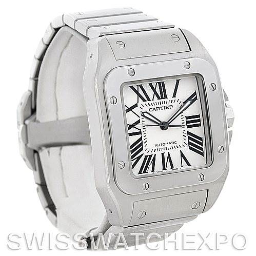 This image shows a front angle view of a Cartier Santos W200737G Men
s Stainless Steel Silver Dial W200737G Men
s Stainless Steel Silver Dial model watch, highlighting the face, bezel, and bracelet.