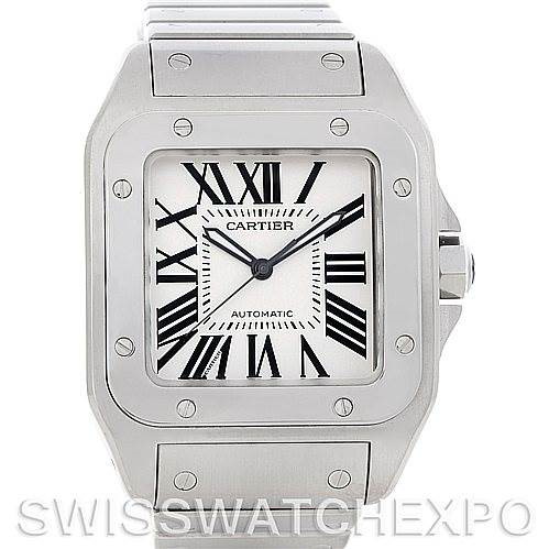 The image shows a front view of a Cartier Santos watch, highlighting its square dial, Roman numerals, and metal bracelet.