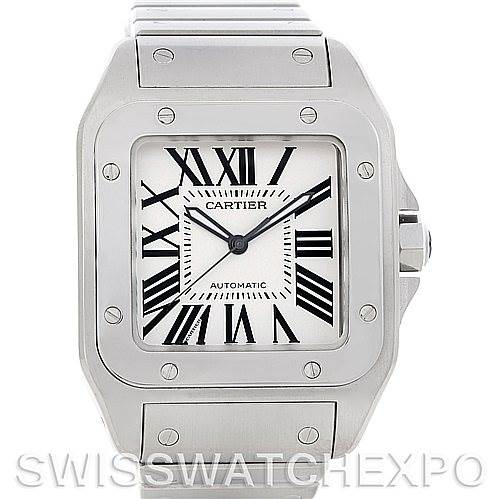 The image shows a front view of a Cartier Santos W200737G Men
s Stainless Steel Silver Dial W200737G Men
s Stainless Steel Silver Dial watch, highlighting its square dial, Roman numerals, and metal bracelet.