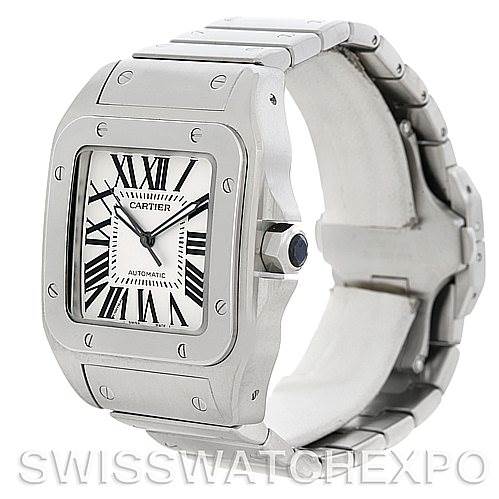 The image shows a Cartier Santos W200737G Men
s Stainless Steel Silver Dial W200737G Men
s Stainless Steel Silver Dial watch from a front-side angle, highlighting its face, bezel, and part of the bracelet.