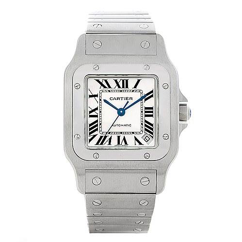 The image shows a front view of the Cartier Santos W20098D6 Men
s Stainless Steel Silver Dial W20098D6 Men
s Stainless Steel Silver Dial watch, displaying its rectangular face, Roman numerals, and metal bracelet.