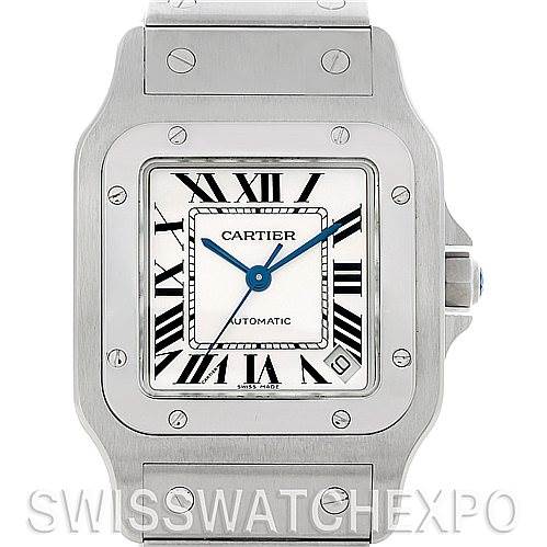 The image shows a frontal view of the Santos model by Cartier, focusing on the watch
s face and part of its metal bracelet.