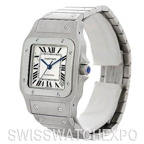 The image shows a Cartier Santos W20098D6 Men
s Stainless Steel Silver Dial W20098D6 Men
s Stainless Steel Silver Dial watch, featuring the face, bezel, and part of the stainless steel bracelet, viewed from an angled perspective.