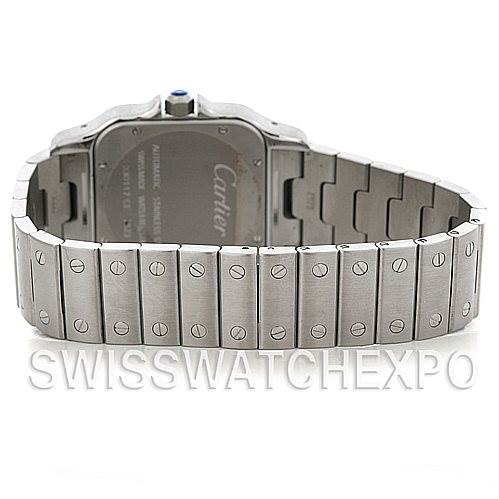 The image shows the back view of the Cartier Santos W20098D6 Men
s Stainless Steel Silver Dial W20098D6 Men
s Stainless Steel Silver Dial watch, highlighting its stainless steel bracelet and case back.