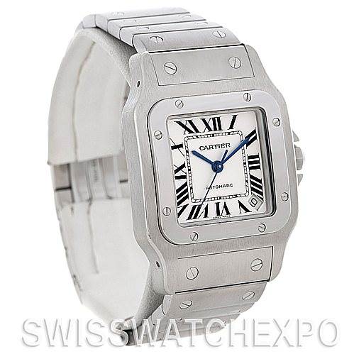 This image shows a front-side angle of the Cartier Santos W20098D6 Men
s Stainless Steel Silver Dial W20098D6 Men
s Stainless Steel Silver Dial watch, highlighting the face, bezel, and part of the bracelet.