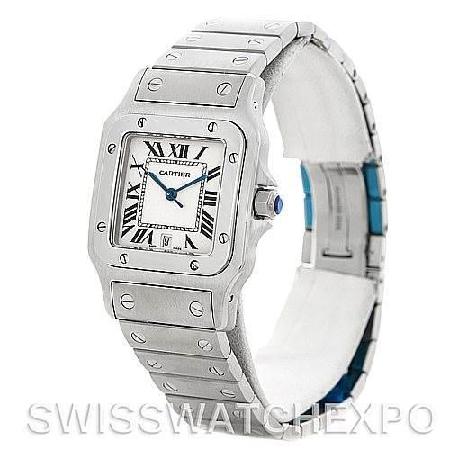 The image shows the Cartier Santos W20060D6 Men
s Stainless Steel Silver Dial W20060D6 Men
s Stainless Steel Silver Dial model watch at a side angle, highlighting its face, bezel, and bracelet.