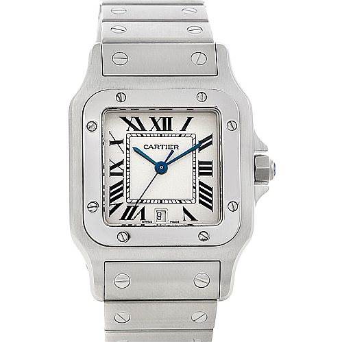 This image shows a front angle view of a Cartier Santos watch, displaying its face, bezel, and part of the bracelet.