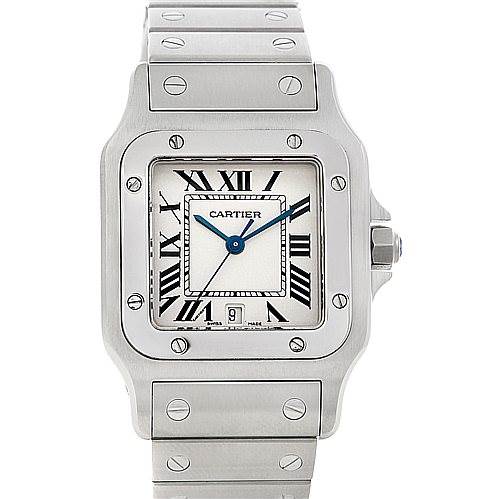 This image shows a front angle view of a Cartier Santos W20060D6 Men
s Stainless Steel Silver Dial W20060D6 Men
s Stainless Steel Silver Dial watch, displaying its face, bezel, and part of the bracelet.