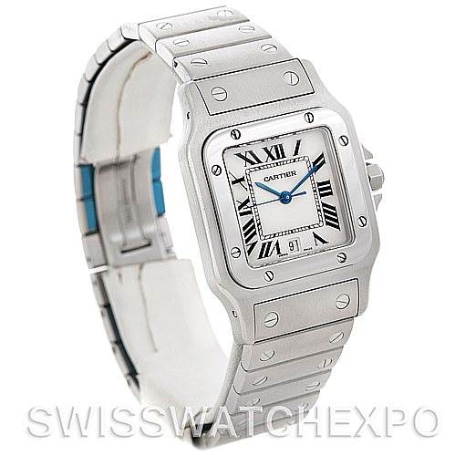 This image shows a Cartier Santos W20060D6 Men
s Stainless Steel Silver Dial W20060D6 Men
s Stainless Steel Silver Dial watch at a three-quarter angle, displaying its face, bezel, and part of the bracelet.