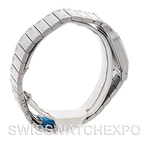 The image shows a side view of a Santos model watch by Cartier, highlighting its bracelet and case.
