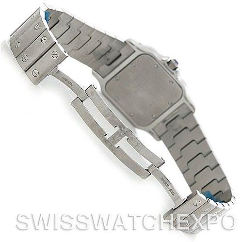 The image shows the back view and open clasp of a Cartier Santos W20060D6 Men
s Stainless Steel Silver Dial W20060D6 Men
s Stainless Steel Silver Dial watch, highlighting the bracelet and deployment clasp.
