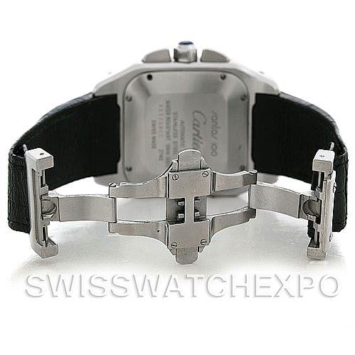 This image shows the back case and deployment clasp of a Cartier Santos W20090X8 Men's Stainless Steel Silver Dial W20090X8 Men's Stainless Steel Silver Dial watch.